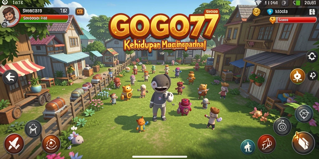 Tampilan gameplay GOGO77 dengan karakter yang berinteraksi di dunia simulasi.