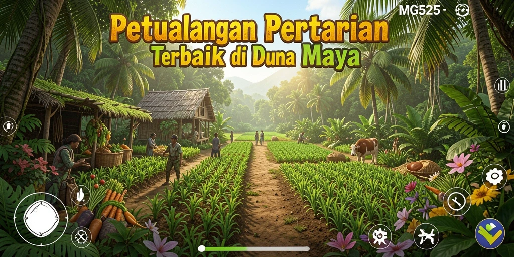 Tampilan gameplay MG525 dengan lahan pertanian yang subur dan hewan ternak.